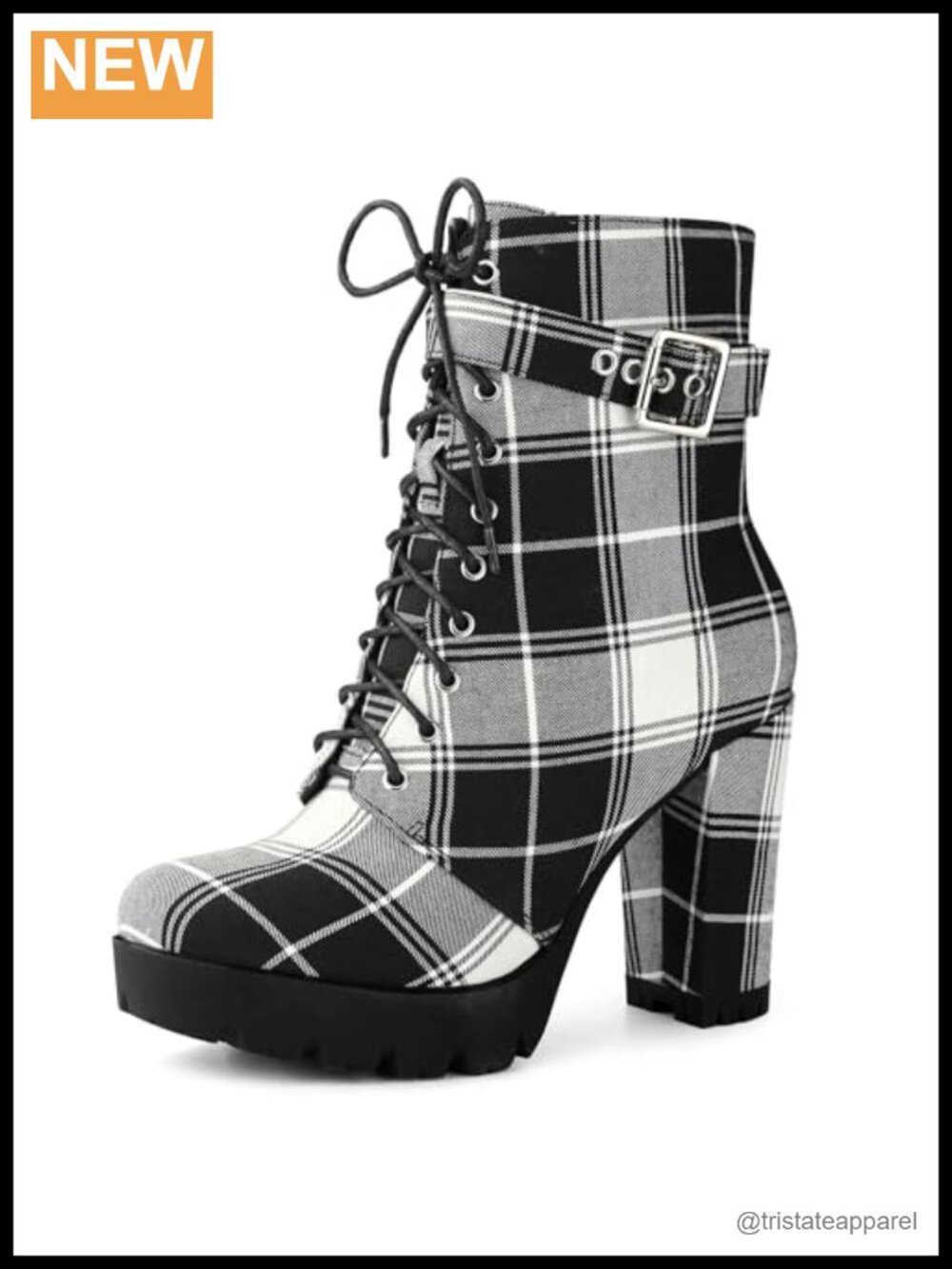 Plaid Combat Boots for Women Chunky Heel Lace Up Ankle Boots Platform